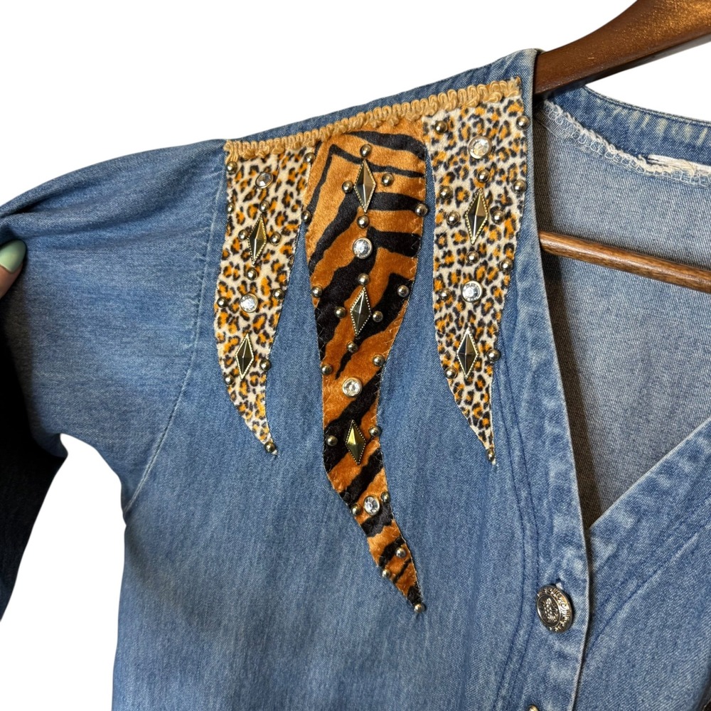 Vintage Denim Safari Western Embellished Long Lightweight Jacket Shacket Large - Picture 4 of 7